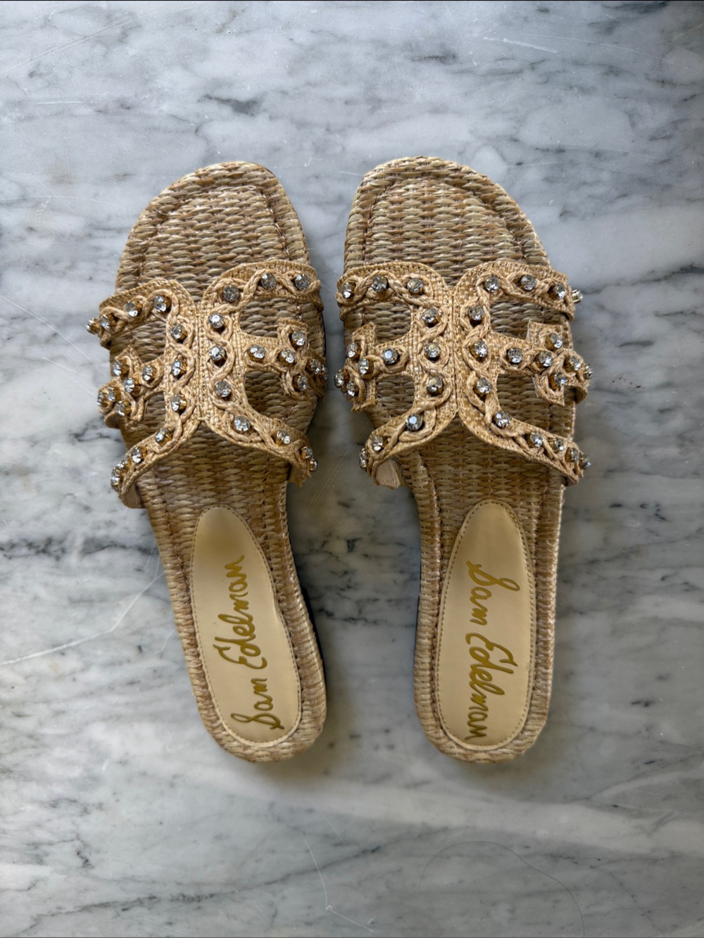 Sam Edelman Natural Woven Slide Sandals with Crystal Embellishments